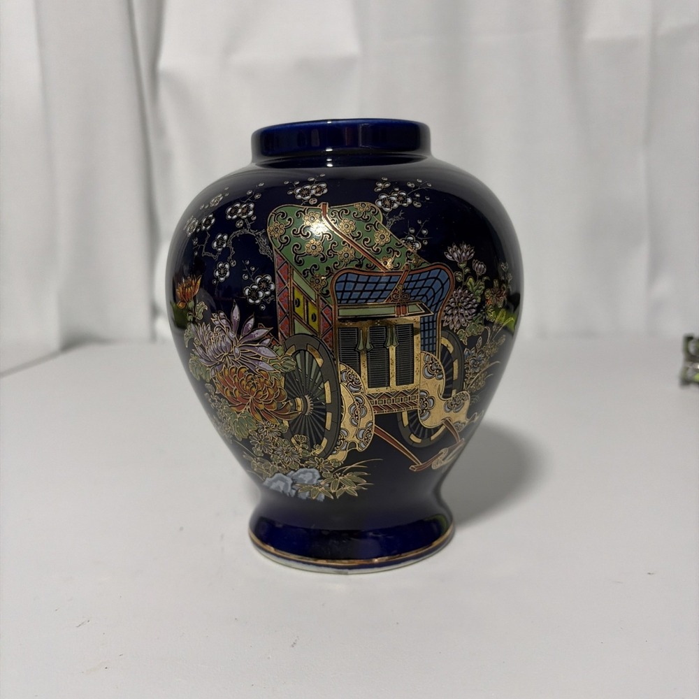 Vintage Japanese Cobalt Blue Ginger Jar Vase Hand Painted Floral Rickshaw 6"